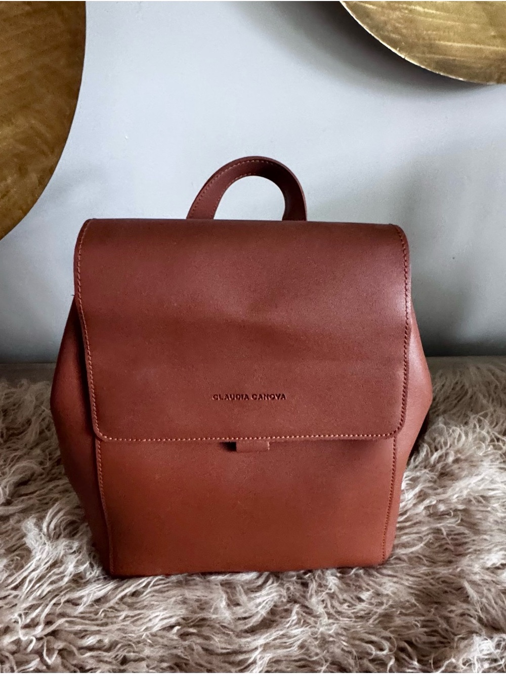 Claudia Canova Cognac Faux Leather Flap Backpack